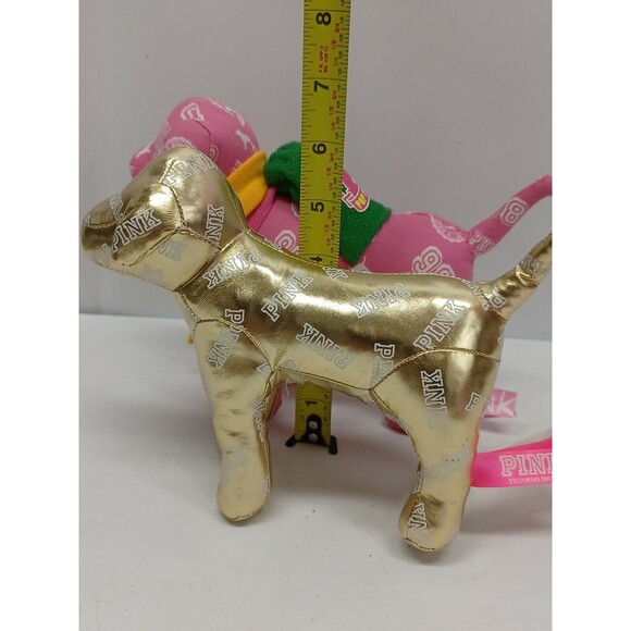 2 Victoria Secret Pink Mini Dog Stuffed Plush 7" Metallic Gold Phi Beta Pink - Picture 8 of 12